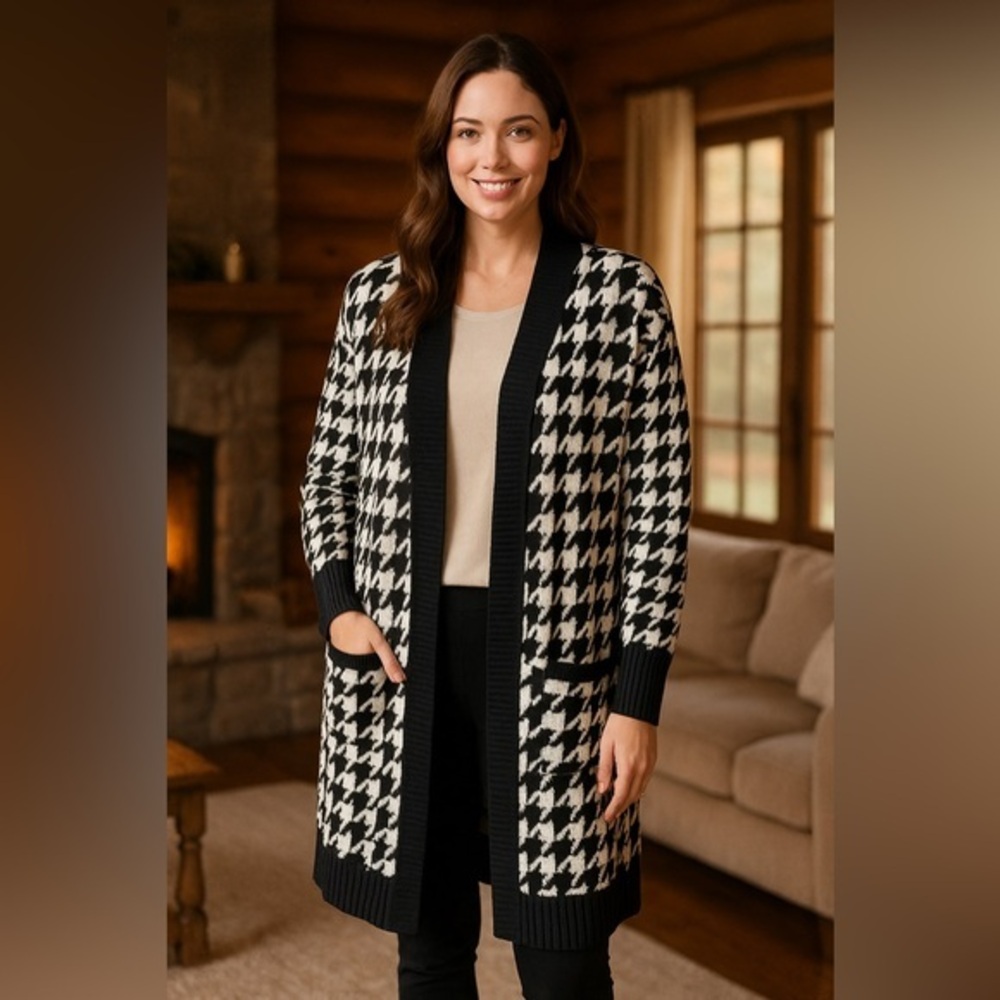 Black & White Houndstooth Cardigan Duster Statement Knit Sweater EUC 2XL #661